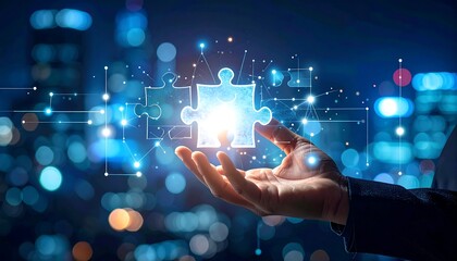 Hand holding a glowing puzzle piece over a cityscape