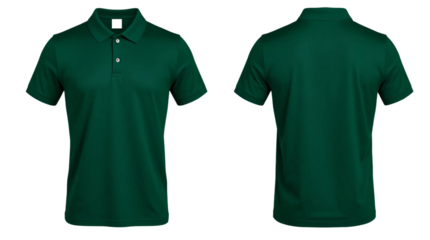 Dark green short sleeve Polo t-shirt in front and back view, mockup isolated on transparent background
