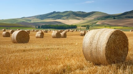 The picturesque hay bales dotted across a golden countryside landscape.