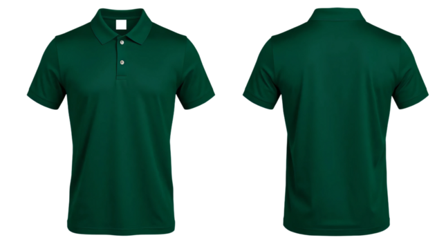 Dark green short sleeve Polo t-shirt in front and back view, mockup isolated on transparent background