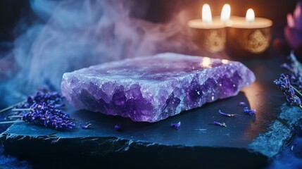 A smooth amethyst crystal slab resting on a polished deep obsidian surface, surrounded by faint wisps of violet mist. Ethereal candlelight glows softly in the background, illuminating scattered dried 