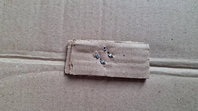 Metal staple on brown cardboard