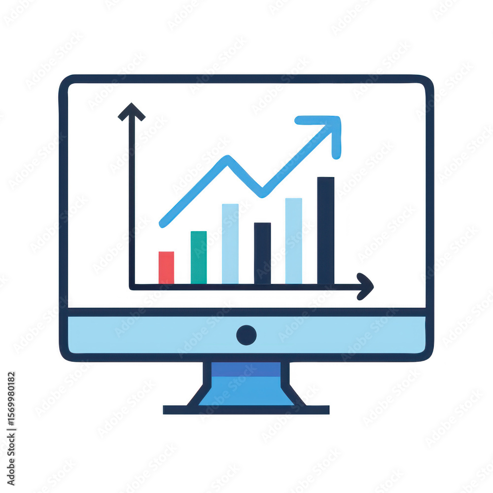 Poster computer monitor displaying a growing bar chart and line graph isolated on transparent background