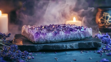 A smooth amethyst crystal slab resting on a polished deep obsidian surface, surrounded by faint wisps of violet mist. Ethereal candlelight glows softly in the background, illuminating scattered dried 