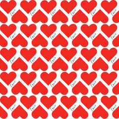 Seamless romantic pattern with hearts and the word “love”, designed in a decorative style on a light background