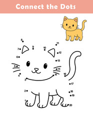 Dot to Dot Worksheet for Kids. Connect the dots to draw a cute cat. Illustration of kitten. Coloring page.	