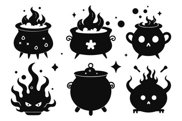Six black halloween cauldrons with fire and bubbles witch magic
