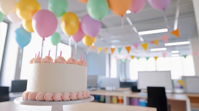 Office celebration with colorful decorations and a birthday cake symbolizing a company milestone event