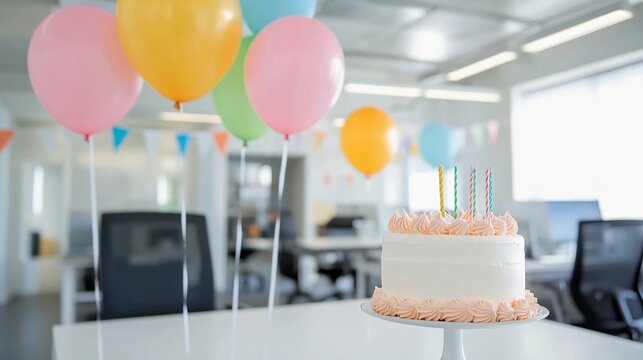 Office birthday celebration with a colorful cake and balloons in a modern workspace symbolizing a company milestone event