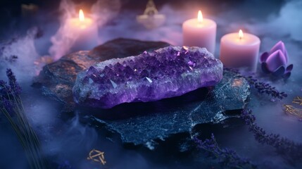 A smooth amethyst crystal slab resting on a polished deep obsidian surface, surrounded by faint wisps of violet mist. Ethereal candlelight glows softly in the background, illuminating scattered dried 