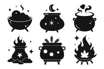 Various black cauldrons with magical elements halloween witch