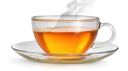 The steaming cup of aromatic tea with a beautiful glass design.