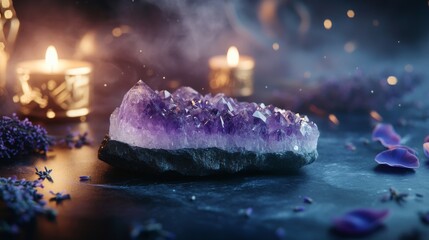 A smooth amethyst crystal slab resting on a polished deep obsidian surface, surrounded by faint wisps of violet mist. Ethereal candlelight glows softly in the background, illuminating scattered dried 
