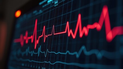 A hospital monitor with a flatline EKG and alarming vital signs, creating a sense of urgency and life-threatening medical emergency.
