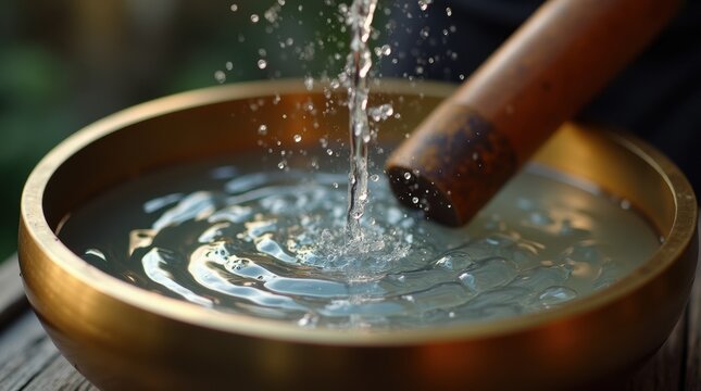 An extreme macro view of a singing bowl's vibration creating bouncing water droplets and ripples, demonstrating sound physics and energy