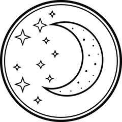 Moon and Stars in Circle: Celestial design featuring a crescent moon and several stars arranged within a simple circular frame. Perfect for adding a touch of magic to your projects.