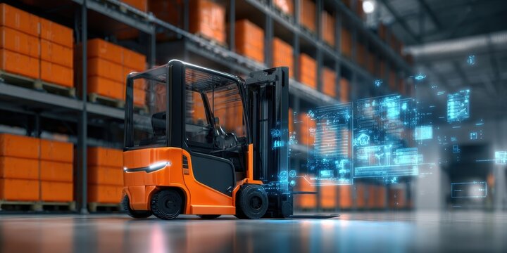 The advanced forklift operating in a modern warehouse environment with digital technology. - Powered by Adobe