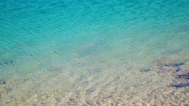 Slow motion shot of water ripples of the clear blue Chandratal lake during a windy day as seen on the way towards Spiti Valley in Himachal Pradesh, India. Scenic view of water ripples of alpine lake.