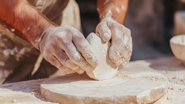 Craftsman skillfully shaping clay on a pottery wheel outdoors during a sunny afternoon