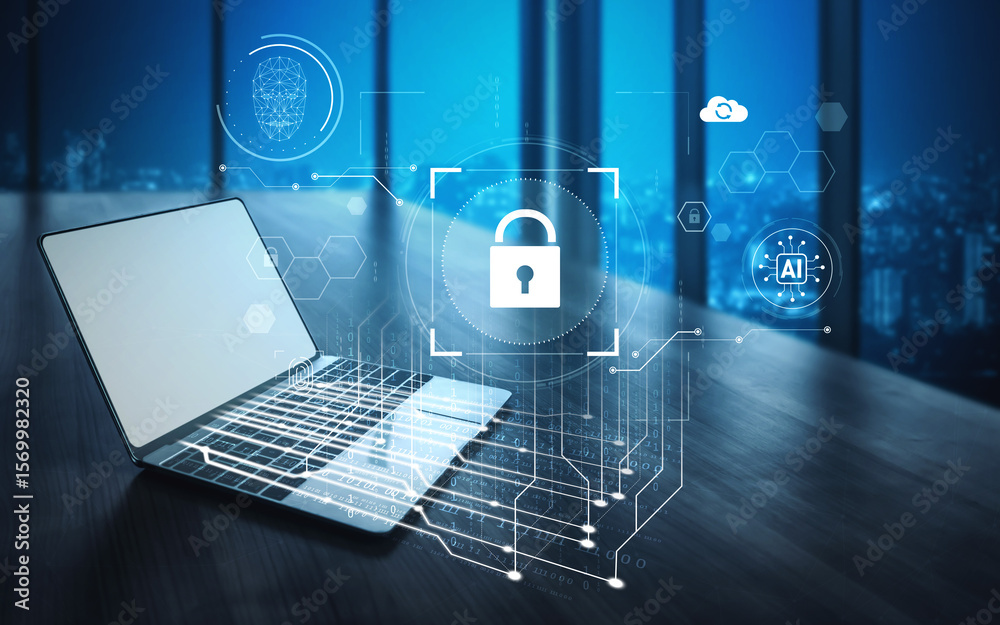 Poster ai cyber security system using biometric authentication and privacy control. cyber security protects