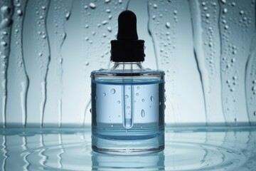 Close up of a clear glass bottle with a black dropper top surrounded by water droplets on glass 95