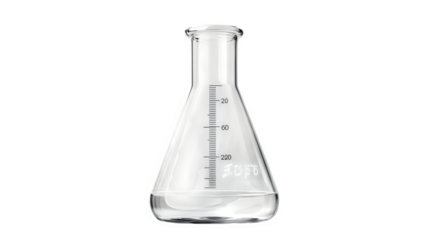 realistic school science lab beaker mockup, side view with measurements, isolated on transparent background