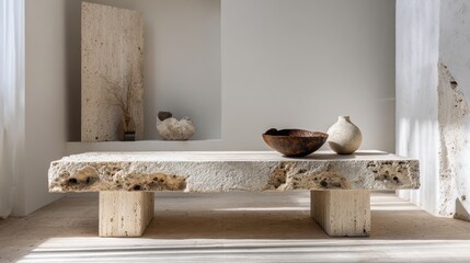 Obraz premium Rustic minimalist interior with stone table and decorative vases