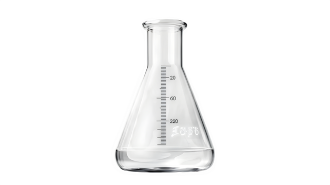 realistic school science lab beaker mockup, side view with measurements, isolated on transparent background