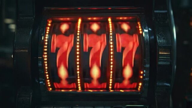 Close-up of a slot machine with three sevens lit up in red.