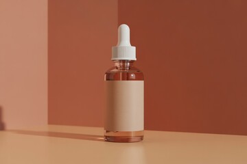 Close up of dropper bottle with blank label against a brown and peach colored background
