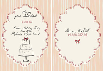 Festive whimsical cute card with cake hand drawn outline illustration. Birthday template design
