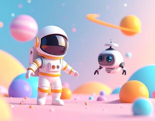 Naklejka premium 3D cartoon astronaut exploring a colorful alien planet, curious expression