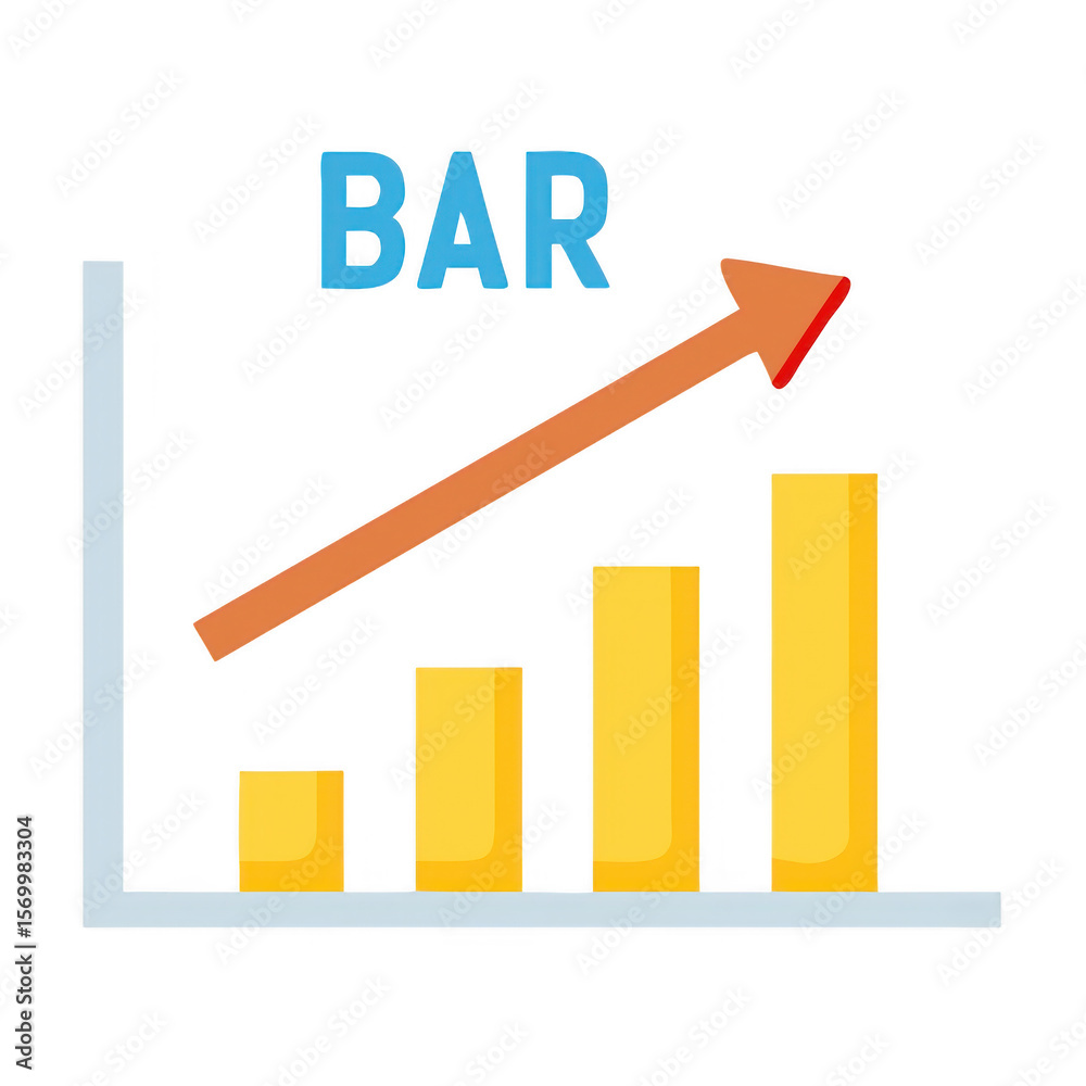 Poster bar chart with upward trending arrow and word bar isolated on transparent background