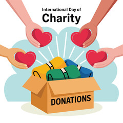 International Day of Charity Illustration Hands Offering Hearts Above a Donation Box Filled with Clothes, Promoting Generosity and Support for Those in Need.