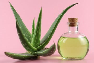 Aloe vera plant with green leaves next to a bottle of oil on a pink colored background shot indoors