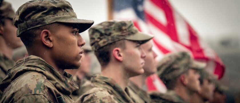 The soldiers standing in formation under an American flag during a solemn ceremony.