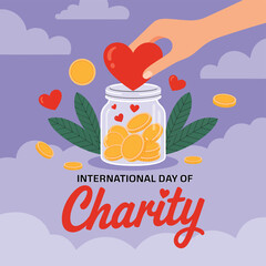 International Day of Charity Illustration Hand Placing Heart into Jar Filled with Coins, Surrounded by Leaves and Clouds, Promoting Generosity and Support.