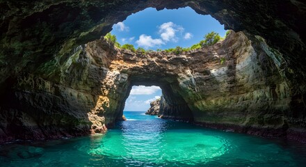 Spectacular Sea Cave with Turquoise Waters and Natural Rock Arch