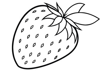 Black and White Strawberry Outline with Leaves and Seeds, Fruit Coloring Page