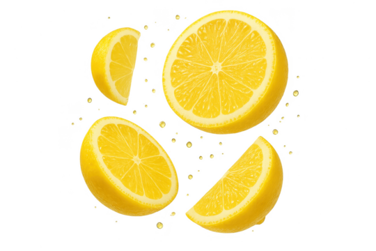 Lemon slices with juice droplets, isolated on transparent background, fresh look