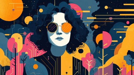 Young person wearing sunglasses immersed in abstract and surreal digital art