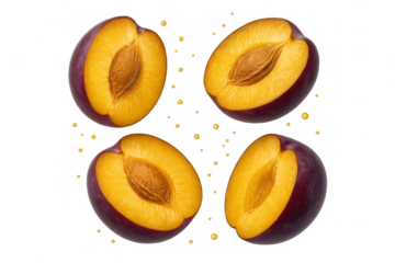 Four halved ripe plums isolated on a transparent background, fresh harvest