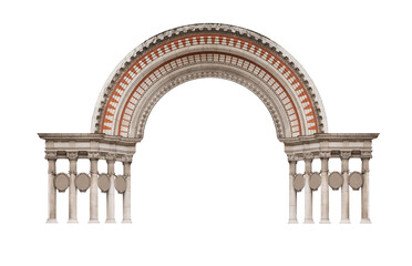 Elements of architectural decorations of buildings. Old wall with arch. Neo-Byzantine style.