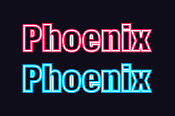 Phoenix neon text on black background. Phoenix city in USA. Vector text of Phoenix, Neon inscription with backlight in Thin style