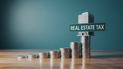 Real estate tax sign on top of coin stacks representing a building on a wooden surface