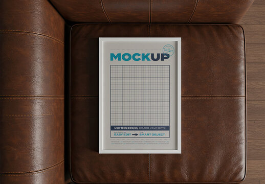 Vertical Poster Image Frame Mockup on Leather Sofa