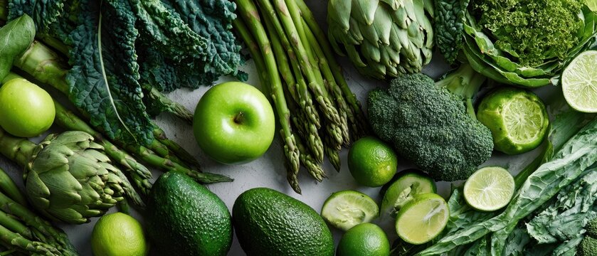 The vibrant arrangement of fresh green vegetables and fruits on a table.