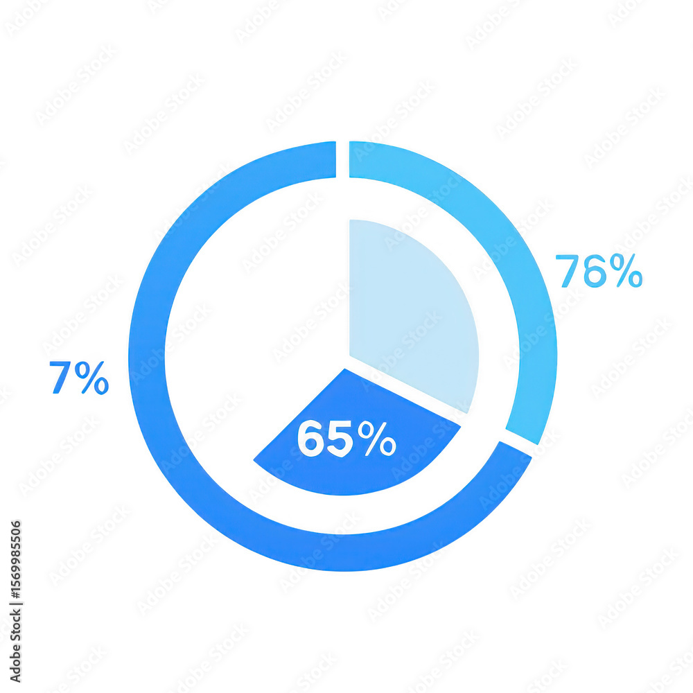 Poster modern three segment pie chart with percentage labels isolated on transparent background