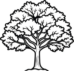 Fototapeta premium Majestic Tree Silhouette: A detailed, high-contrast black and white illustration of a large tree. showcasing the beauty of nature and the strength of roots and branches.