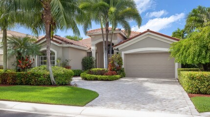 The charming tropical house with pristine landscaping and inviting driveway